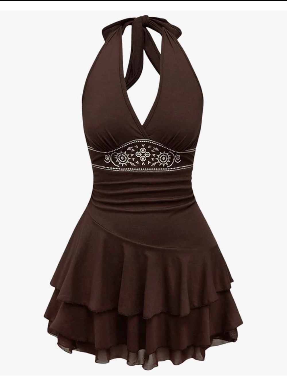 Brown Halter Tiered Skater Dress with Embroidered Waist